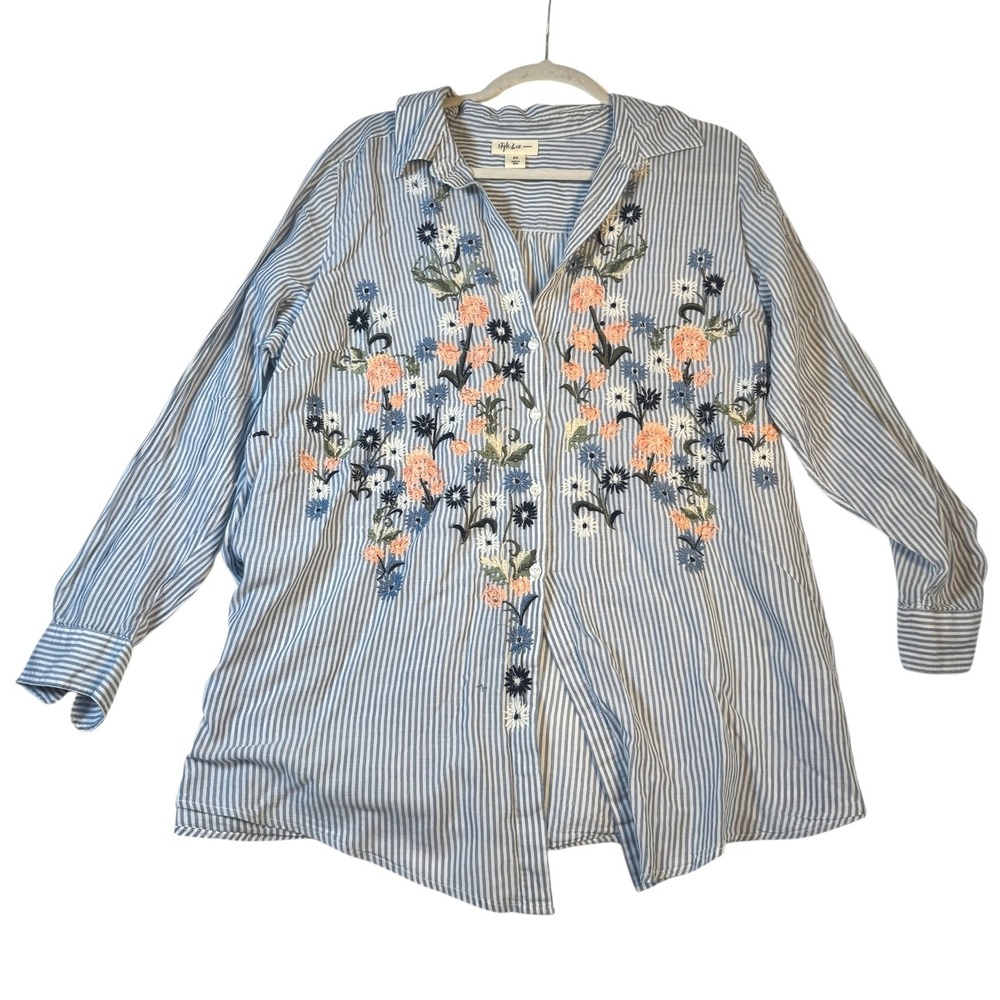 Style & Co Woman‎ 2X Blue Striped Embroidered Long Sleeve Button Up Top Blouse